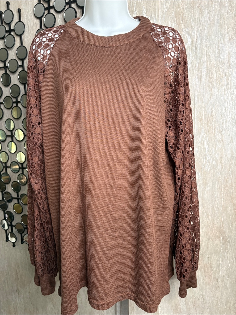 Lace-Sleeve Knit Pullover - Rustic Brown